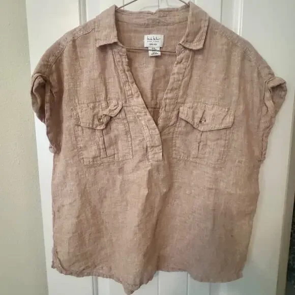 Nicole Miller 100% Linen Tan Button Down Shirt - Picture 1 of 4